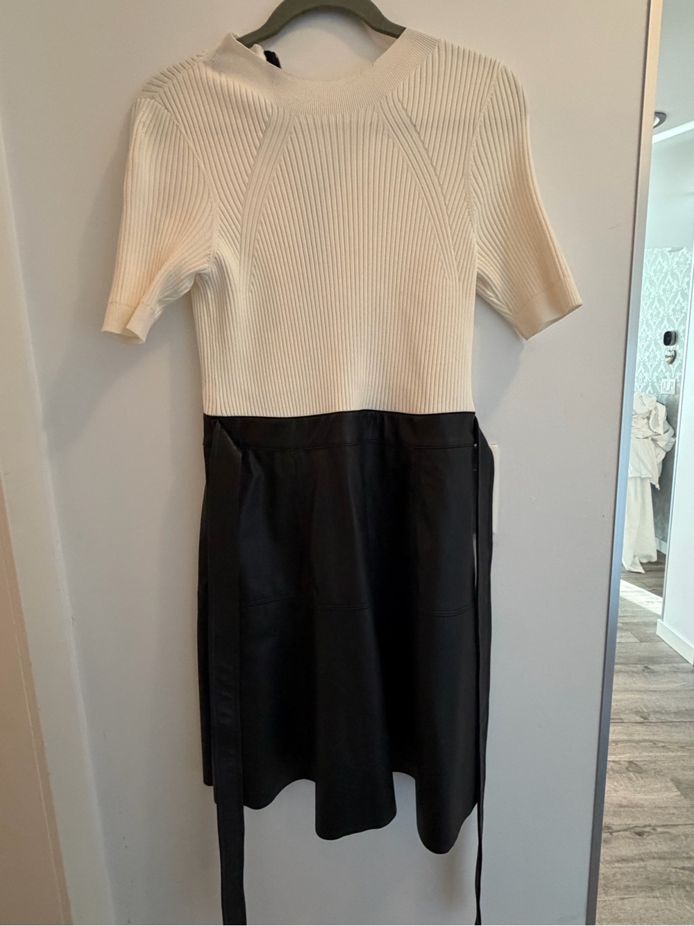 Cream and Black Knit Top Faux-Leather Skirt Dress by Ted Baker